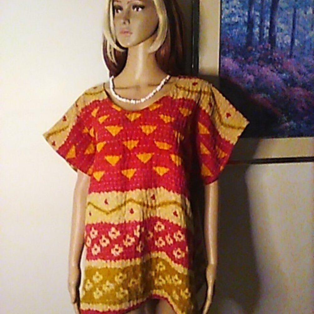 Kantha "Breeze" V Neck Top Red/Marigold Reversible XL & Under Cotton Handmade